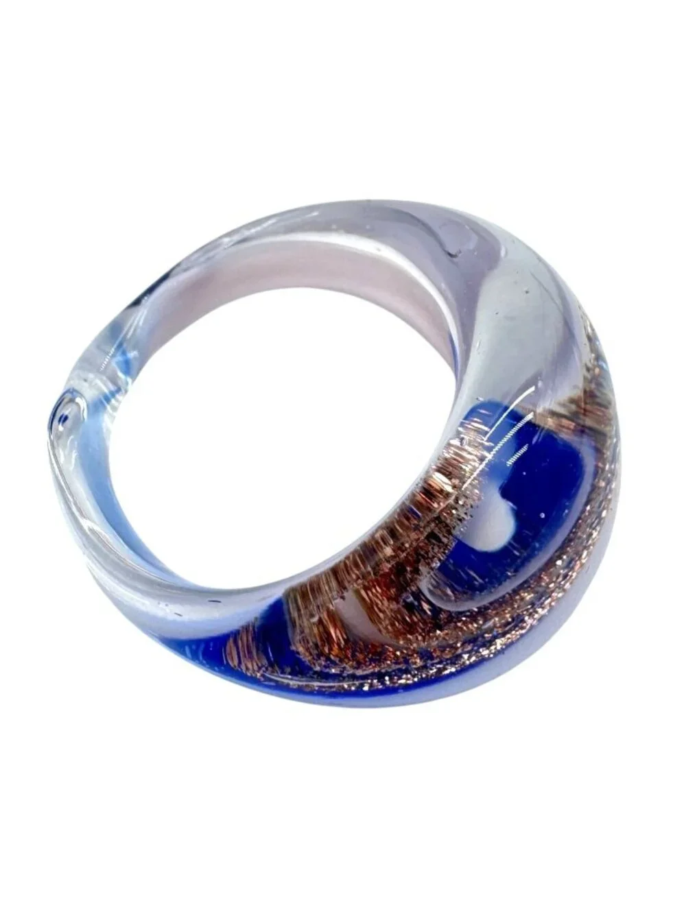 OOAK Handmade Art Glass Statement Ring SZ 8.5 With Swirled Blue & Copper Accent